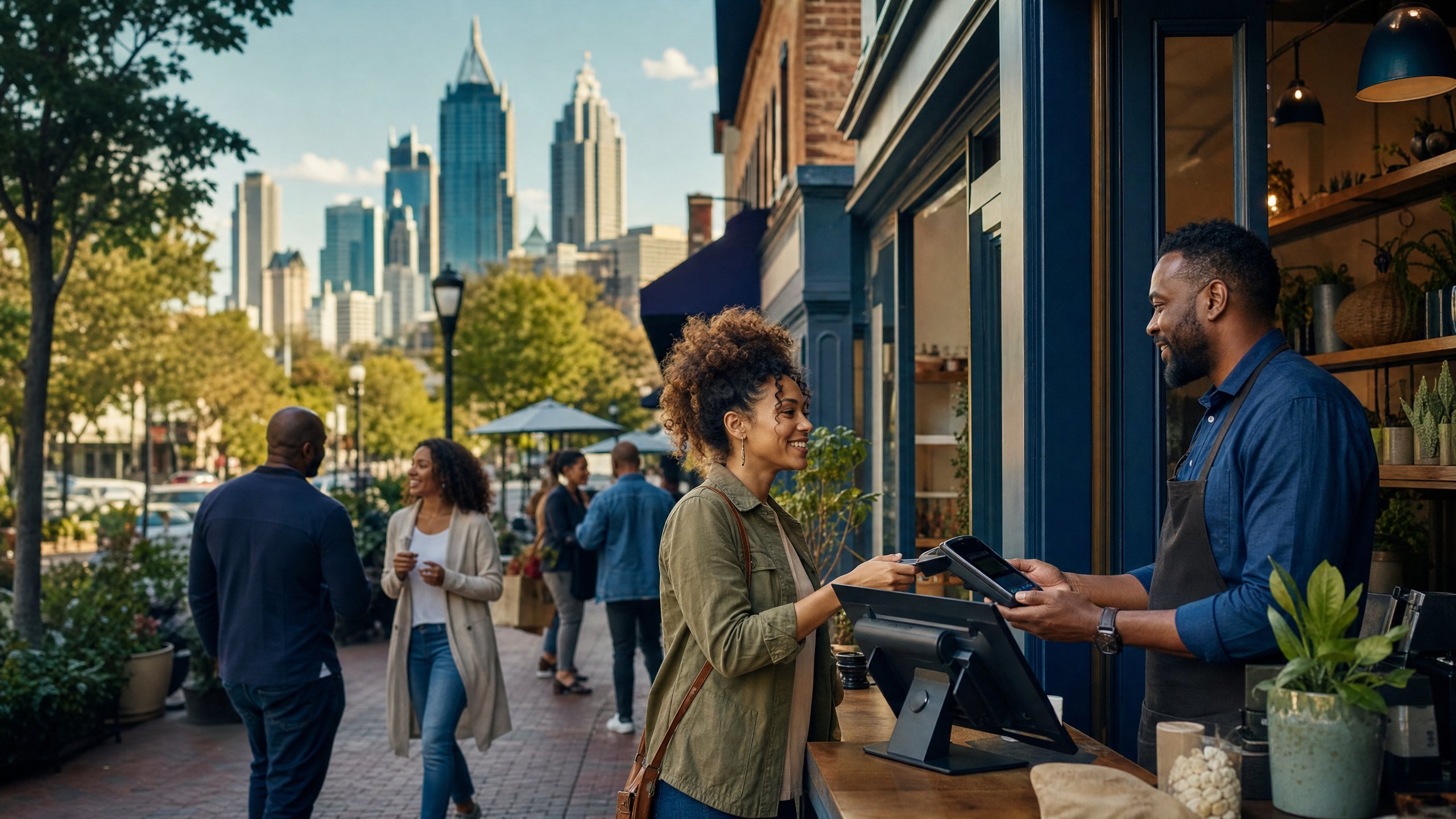Local Atlanta merchant helping a customer at a storefront with the city skyline behind them