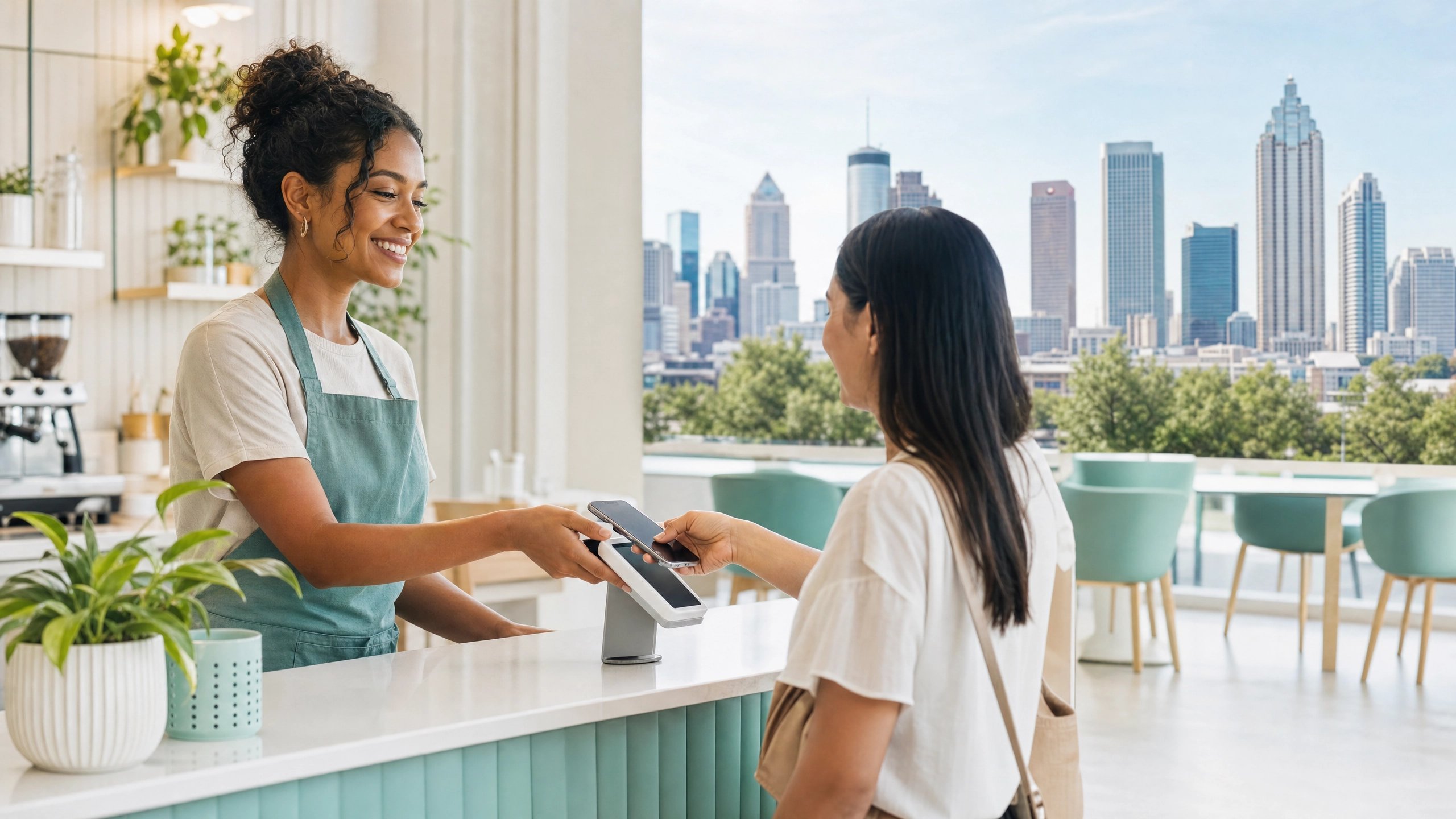 Merchant accepting a contactless phone payment at a bright café counter with the Atlanta skyline visible through the window